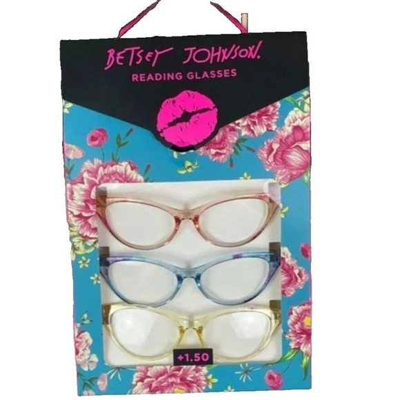 Betsey Johnson 3 Pk Pink-Blue-Yellow Cat-Eye Frames Reading Glasses +1.50 - Picture 2 of 3